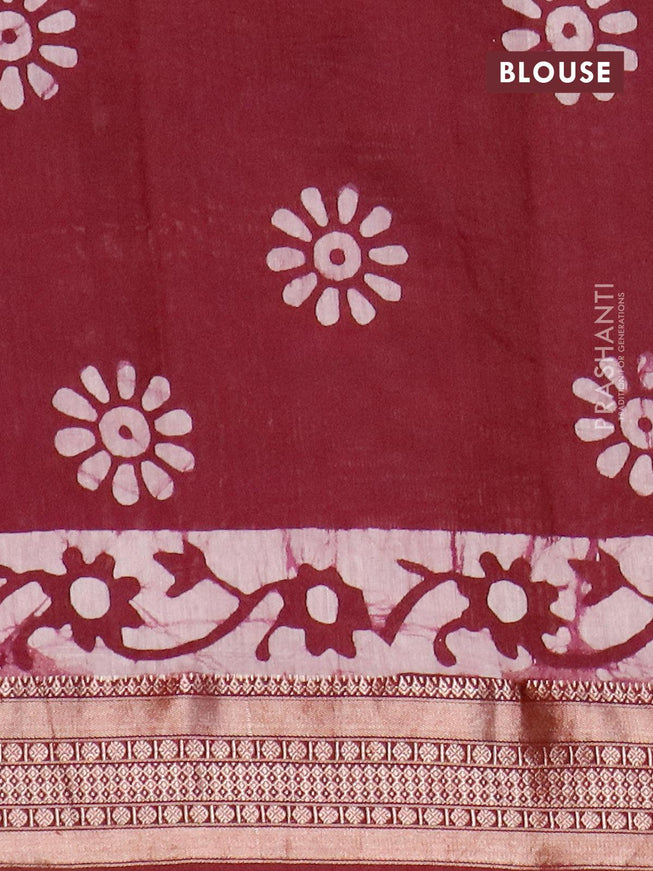 Semi gadwal saree wine shade and off white with allover batik prints and zari woven border