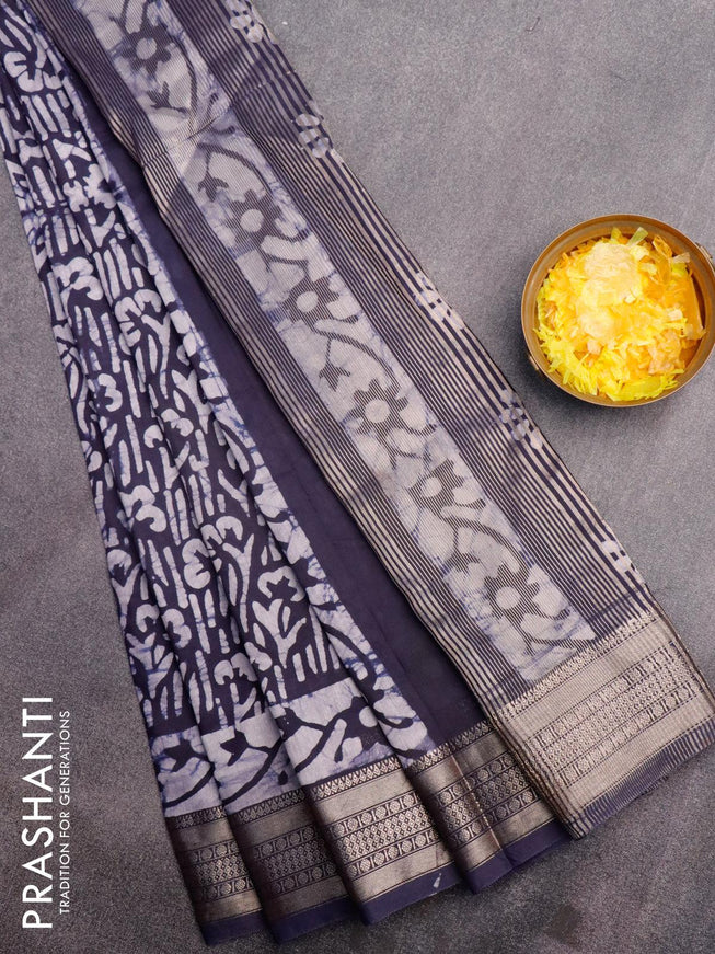 Semi gadwal saree navy blue and off white with allover batik prints and zari woven border