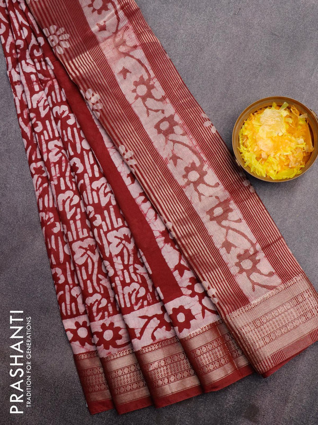 Semi gadwal saree maroon and off white with allover batik prints and zari woven border