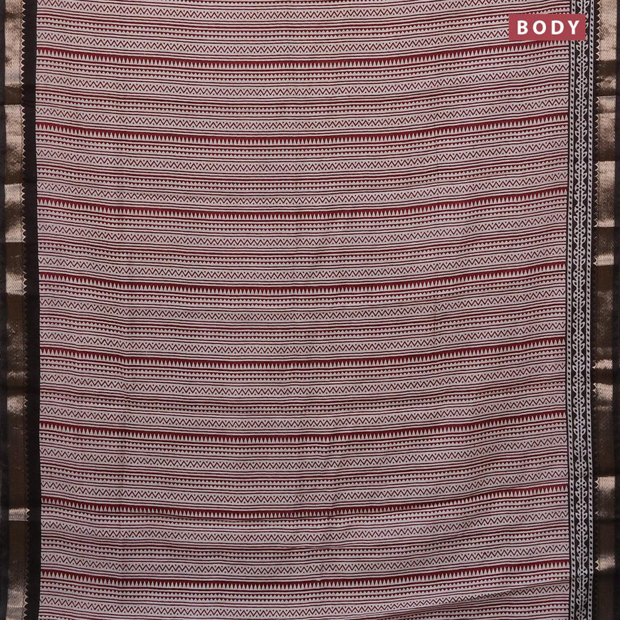 Semi gadwal saree off white maroon and black with allover geometric prints and zari woven border