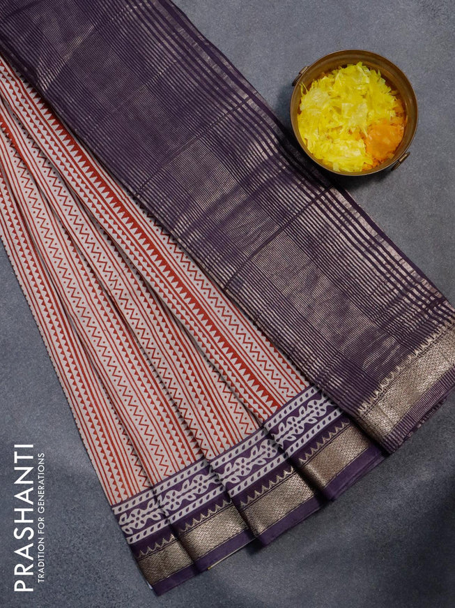 Semi gadwal saree cream maroon and jamun shade with allover geometric prints and zari woven border