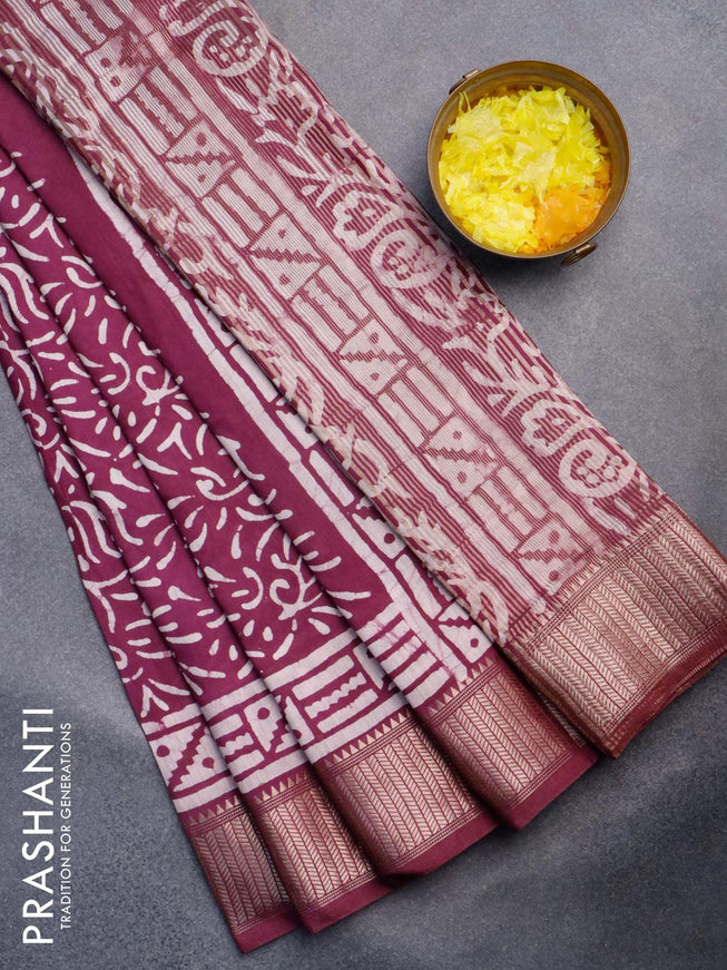 Semi gadwal saree wine shade with allover batik prints and zari woven border