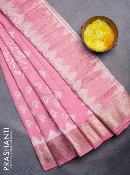 Semi gadwal saree light pink and off white with floral batik butta prints and zari woven border