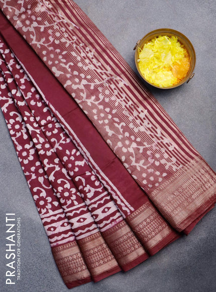 Semi gadwal saree deep maroon with allover batik prints and zari woven border