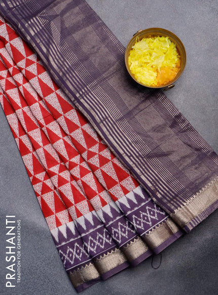 Semi gadwal saree red off white and jamun shade with allover geometric prints and zari woven border