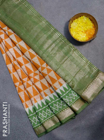 Semi gadwal saree dark mustard cream and green with allover geometric prints and zari woven border