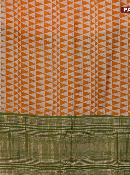 Semi gadwal saree dark mustard cream and green with allover geometric prints and zari woven border