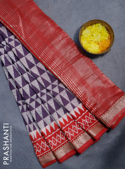 Semi gadwal saree cream jamun shade and red with allover geometric prints and zari woven border