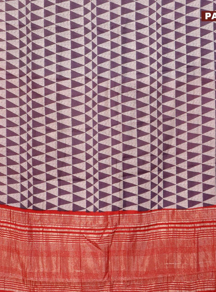 Semi gadwal saree cream jamun shade and red with allover geometric prints and zari woven border