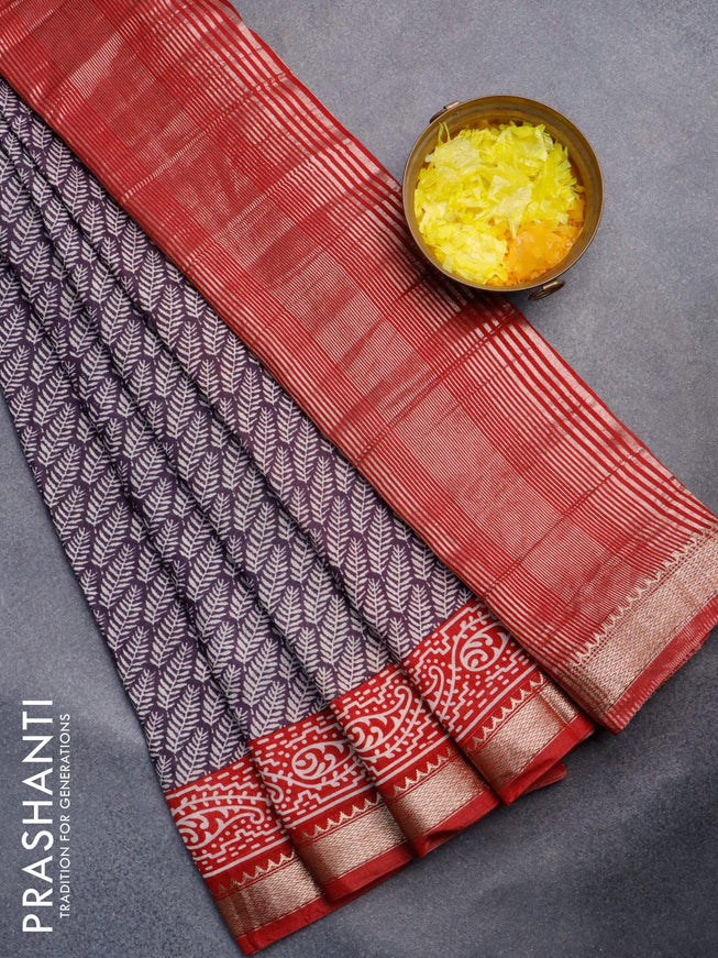 Semi gadwal saree deep jamun and maroon with allover leaf prints and zari woven border