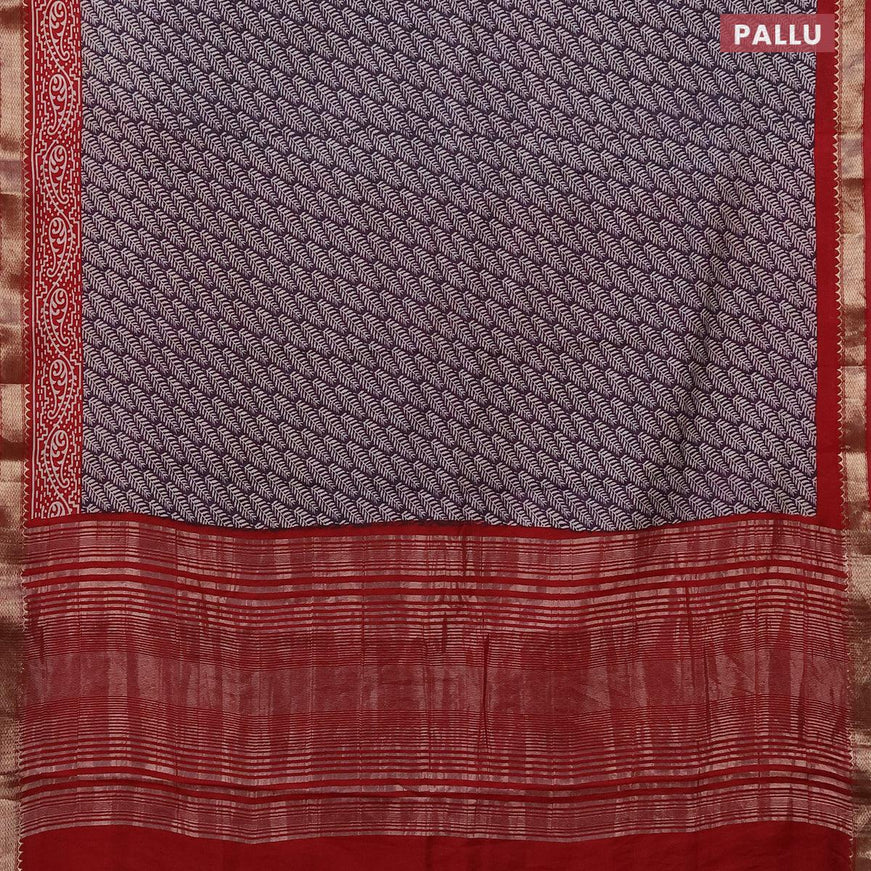 Semi gadwal saree deep jamun and maroon with allover leaf prints and zari woven border