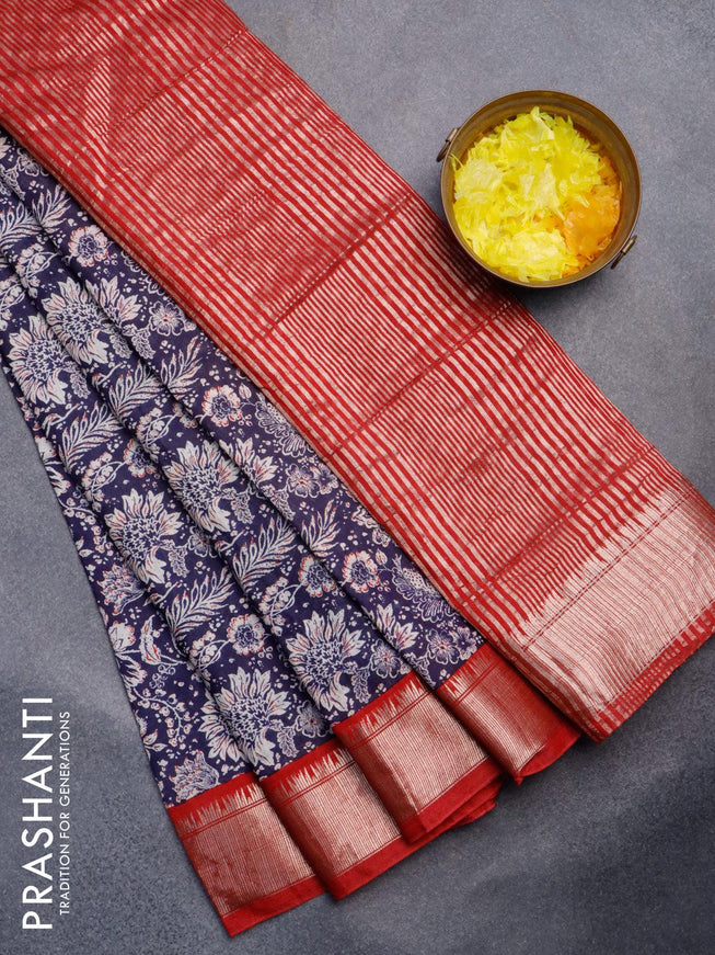 Semi gadwal saree navy blue and maroon with allover floral prints and zari woven border