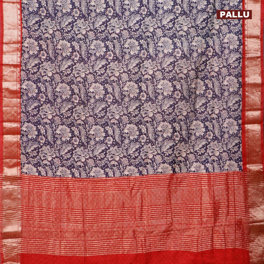 Semi gadwal saree navy blue and maroon with allover floral prints and zari woven border