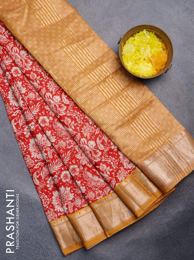 Semi gadwal saree red and mustard yellow with allover floral prints and zari woven border