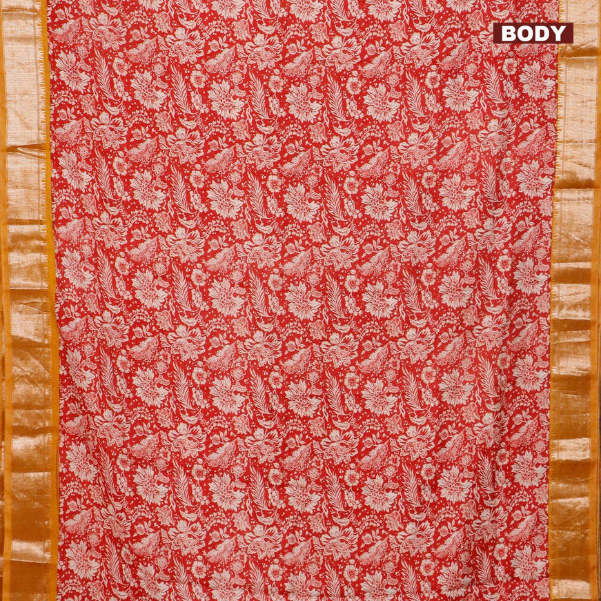 Semi gadwal saree red and mustard yellow with allover floral prints and zari woven border