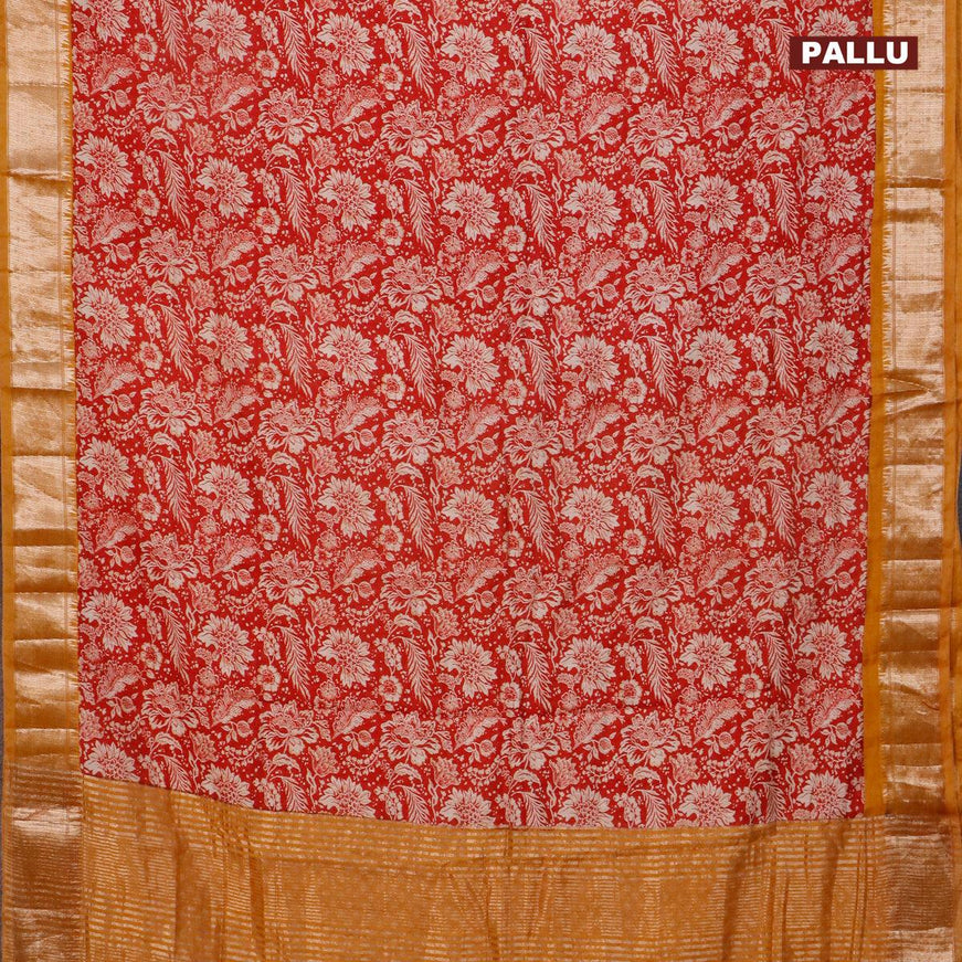 Semi gadwal saree red and mustard yellow with allover floral prints and zari woven border