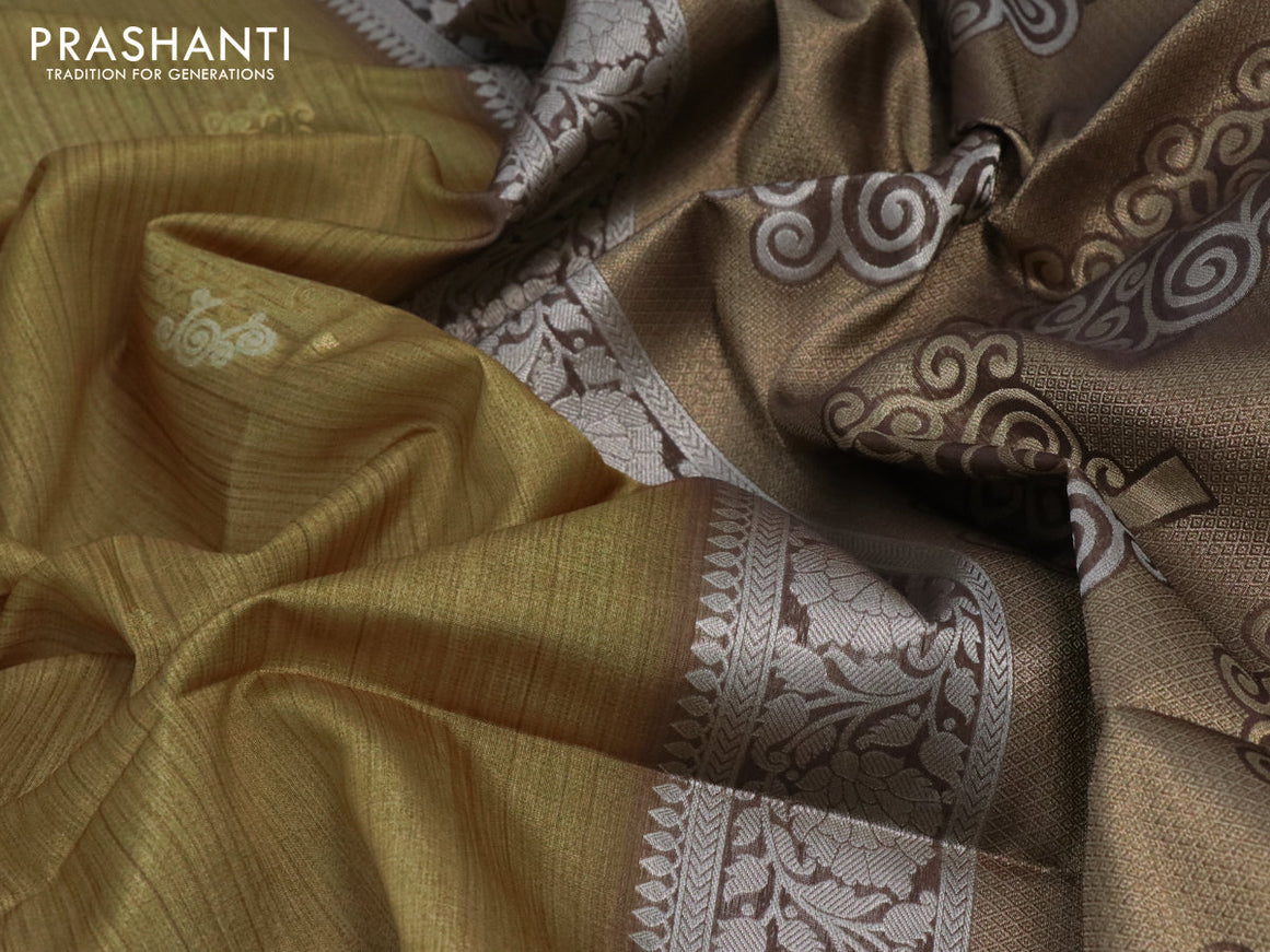 Semi tussar saree mustard yellow and brown with zari woven buttas and simple border