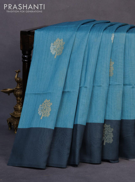 Semi tussar saree blue shade and peacock blue with zari woven buttas and simple border