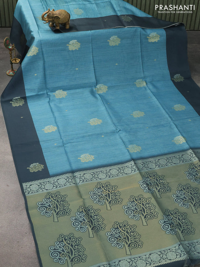 Semi tussar saree blue shade and peacock blue with zari woven buttas and simple border