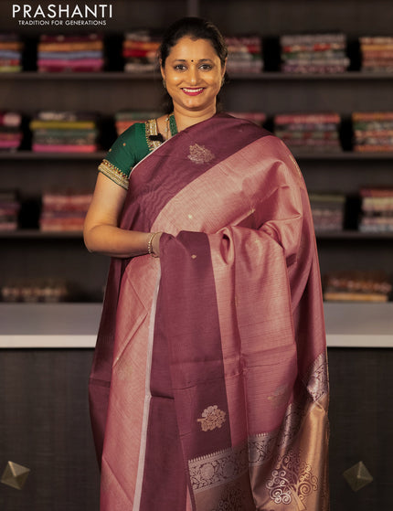 Semi tussar saree peach orange and rust shade with zari woven buttas and simple border