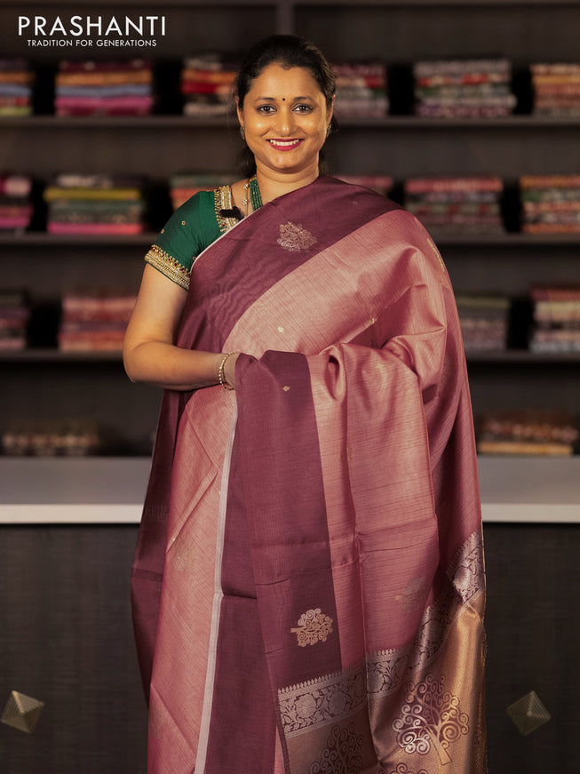 Semi tussar saree peach orange and rust shade with zari woven buttas and simple border