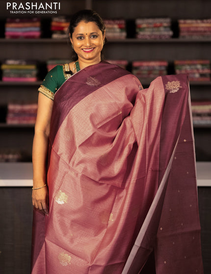 Semi tussar saree peach orange and rust shade with zari woven buttas and simple border