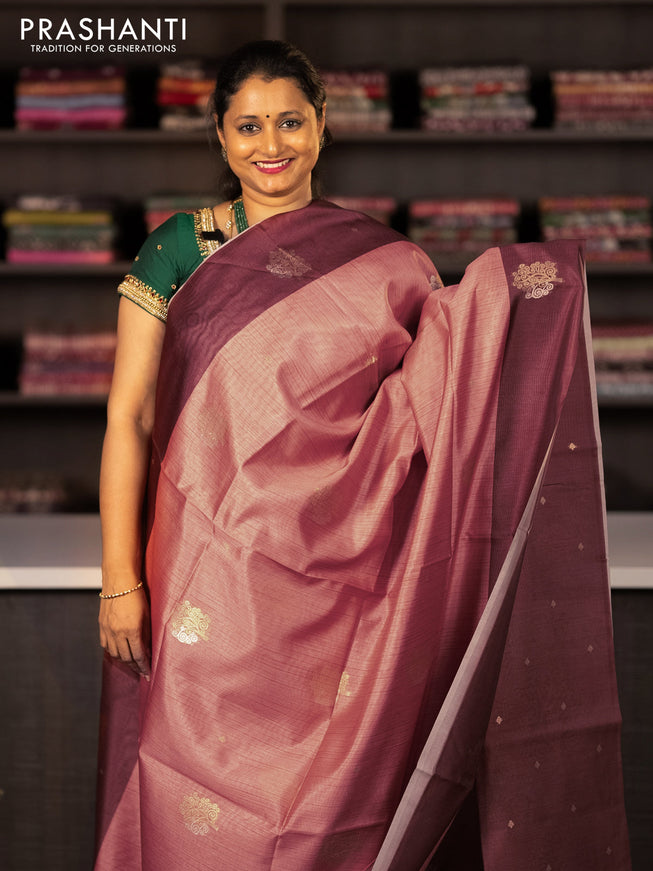 Semi tussar saree peach orange and rust shade with zari woven buttas and simple border