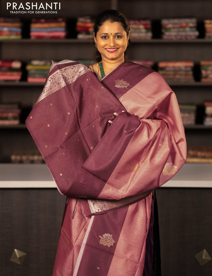 Semi tussar saree peach orange and rust shade with zari woven buttas and simple border