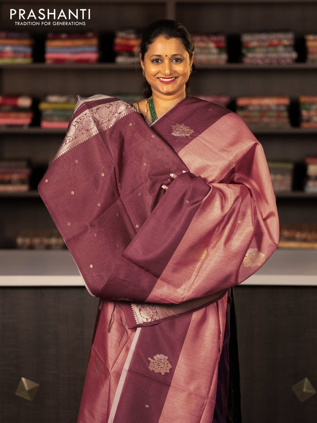 Semi tussar saree peach orange and rust shade with zari woven buttas and simple border