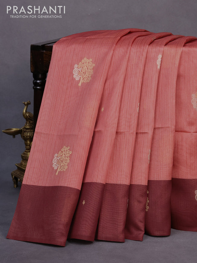 Semi tussar saree peach orange and rust shade with zari woven buttas and simple border