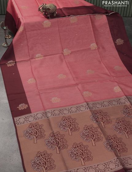 Semi tussar saree peach orange and rust shade with zari woven buttas and simple border