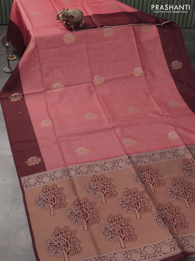 Semi tussar saree peach orange and rust shade with zari woven buttas and simple border