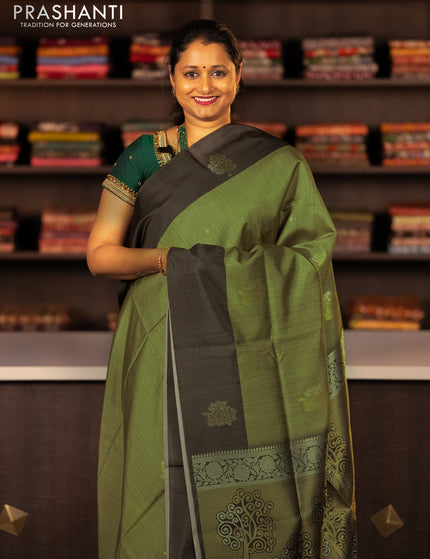 Semi tussar saree green shade and sap green with zari woven buttas and simple border