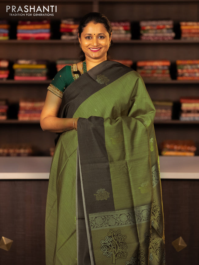 Semi tussar saree green shade and sap green with zari woven buttas and simple border