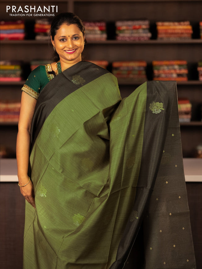 Semi tussar saree green shade and sap green with zari woven buttas and simple border