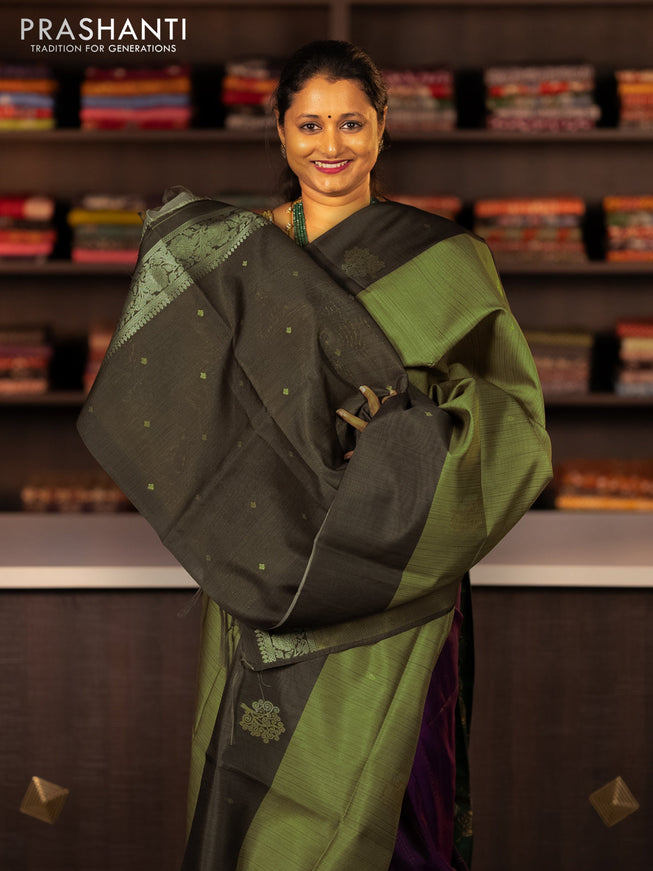 Semi tussar saree green shade and sap green with zari woven buttas and simple border