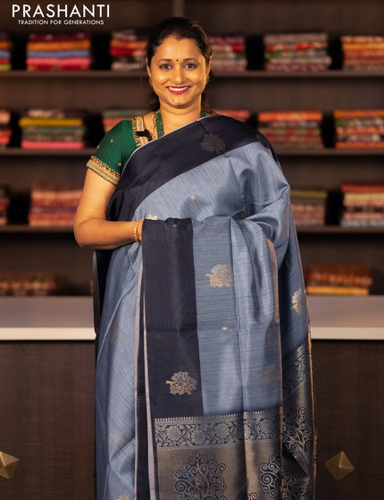 Semi tussar saree grey and black with zari woven buttas and simple border