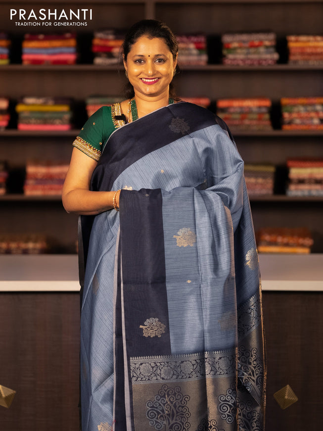 Semi tussar saree grey and black with zari woven buttas and simple border