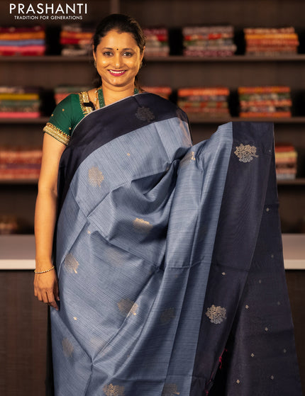 Semi tussar saree grey and black with zari woven buttas and simple border