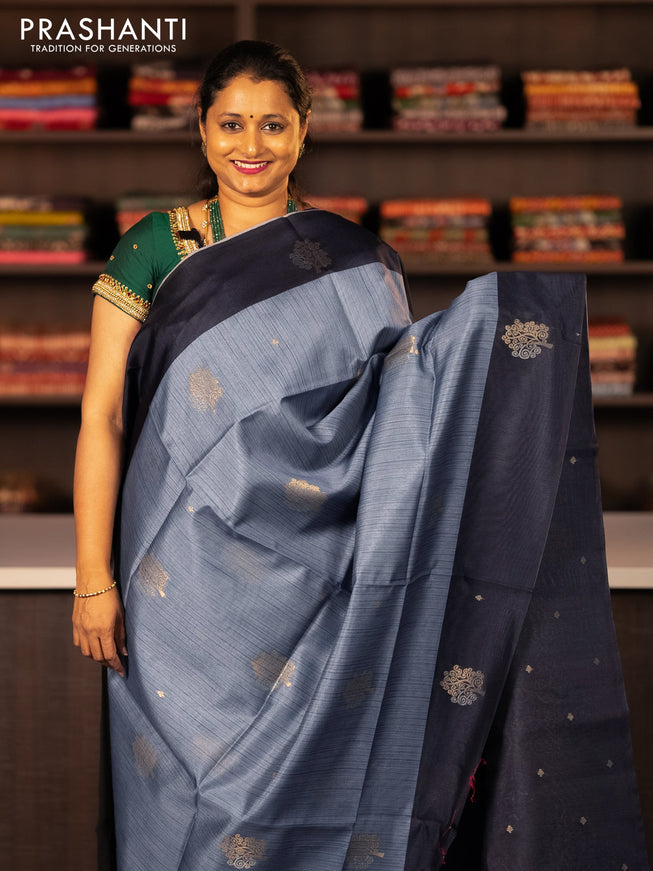 Semi tussar saree grey and black with zari woven buttas and simple border