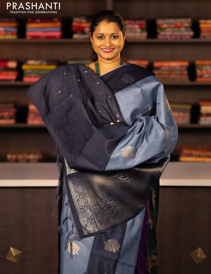 Semi tussar saree grey and black with zari woven buttas and simple border