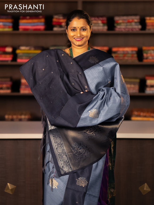 Semi tussar saree grey and black with zari woven buttas and simple border