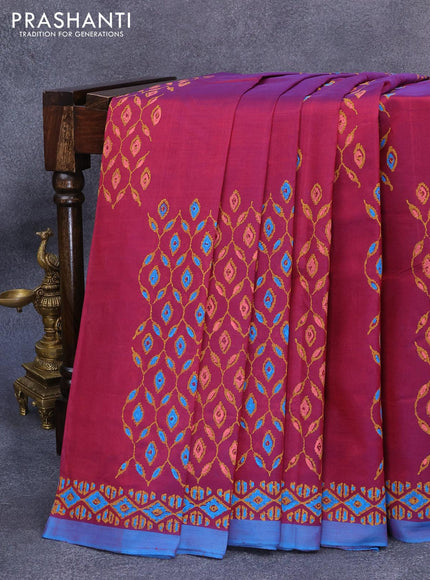 Silk cotton block printed saree dual shade of maroon and blue with allover butta prints and printed border