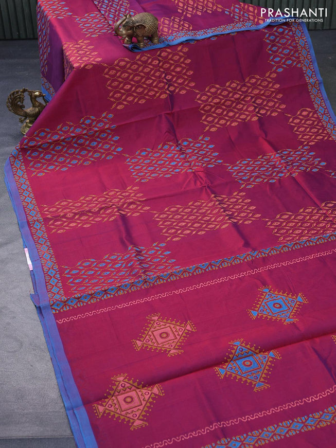 Silk cotton block printed saree dual shade of maroon and blue with allover butta prints and printed border