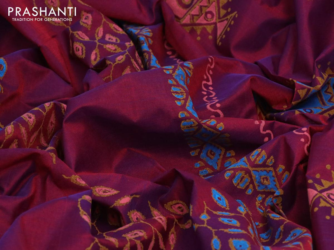 Silk cotton block printed saree dual shade of maroon and blue with allover butta prints and printed border