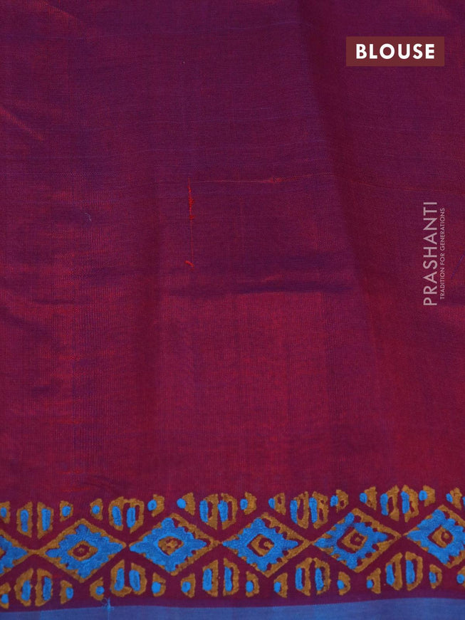 Silk cotton block printed saree dual shade of maroon and blue with allover butta prints and printed border