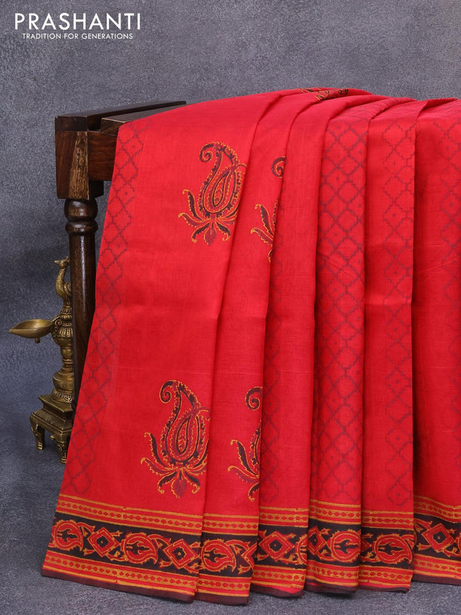 Silk cotton block printed saree red and deep coffee brown with allover prints and printed border