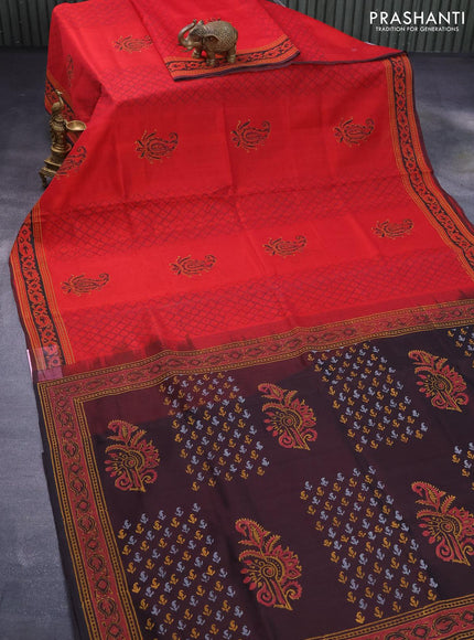 Silk cotton block printed saree red and deep coffee brown with allover prints and printed border