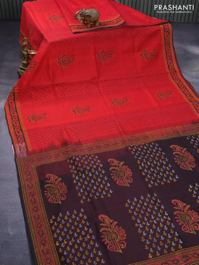 Silk cotton block printed saree red and deep coffee brown with allover prints and printed border