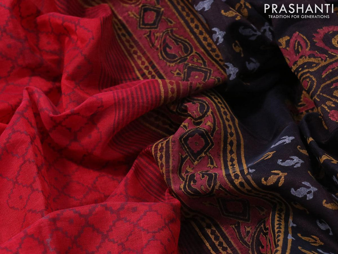 Silk cotton block printed saree red and deep coffee brown with allover prints and printed border